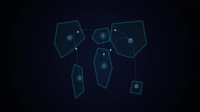 Abstract Futuristic Digital Network Interface Featuring Glowing Cyan Geometric Polygons and Connected Data Nodes on a Dark Technical Background
