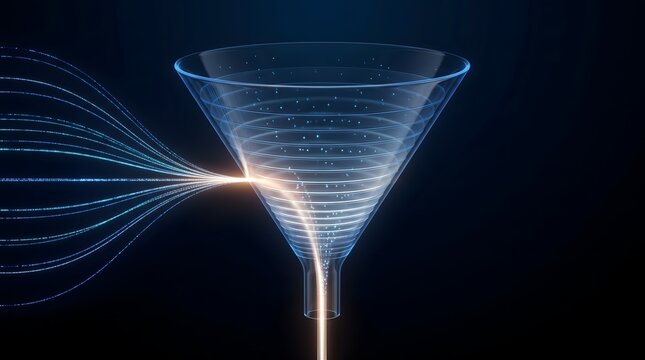 Luminous particle data stream flowing through clear digital funnel. Concept of customer acquisition, database management, and machine learning.