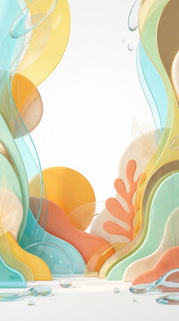 Abstract 3D Summer Background with Translucent Waves, Orange Slices, and Tropical Leaves Around White Copy Space