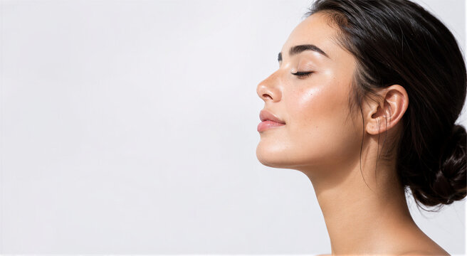 Beautiful woman with healthy glowing skin in profile view with closed eyes on white background, natural beauty and skincare concept with copy space