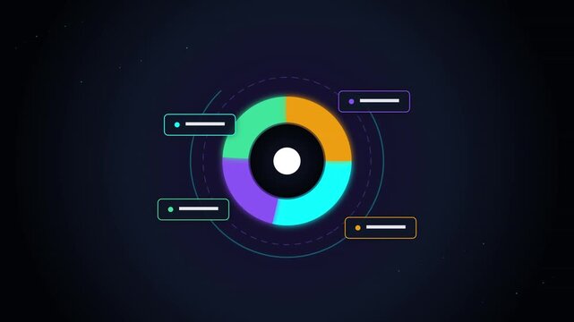 Abstract circular infographic with data segments and pointers on a dark background with glowing particles, representing analytics and progress in a modern digital style