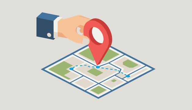 Business person hand placing a red map pin on a digital route map to mark a destination in a flat isometric graphic.