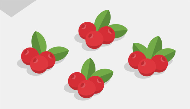 Four small clusters of ripe red lingonberries with green leaves arranged in an isometric view on a grey background.