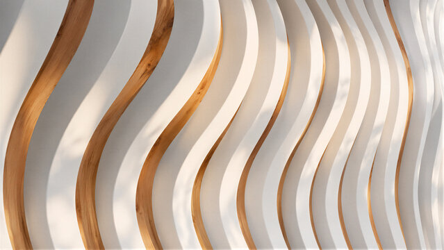 Abstract white and gold wavy lines with flowing curved stripes, elegant luxury 3D render background