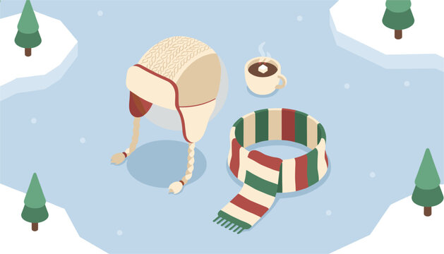 Cozy winter clothing including a warm knit hat with ear flaps and a striped scarf displayed next to a hot beverage in a snowy forest.