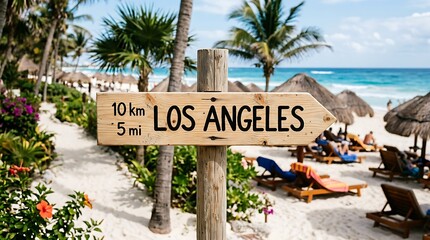 Naklejka premium Wooden signpost pointing to los angeles on a sunny tropical beach with palm trees and ocean waves in the background