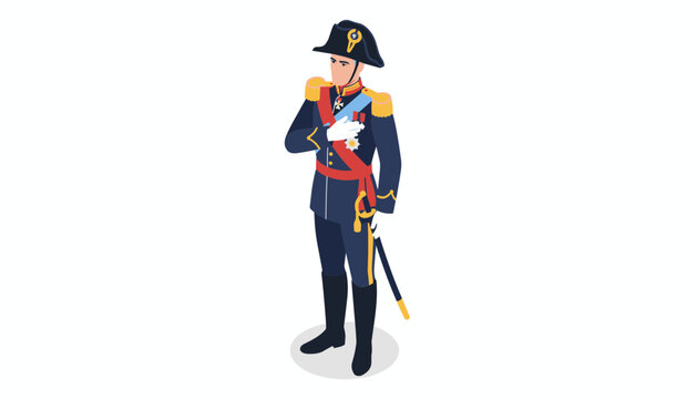 Distinguished isometric general in a classic dark blue uniform with gold details standing proudly with a sword.