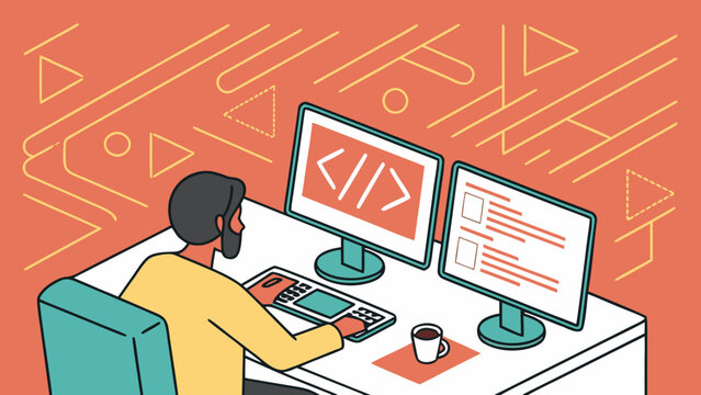 Vector illustration of programmer working on dual monitors writing software code on desk setup with abstract pattern background