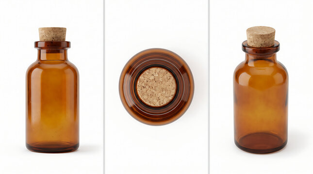 Amber glass bottle multiple angle view isolated on white background, product reference sheet