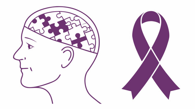 Vector illustration for alzheimer awareness with human head profile brain puzzle and purple ribbon isolated on white background