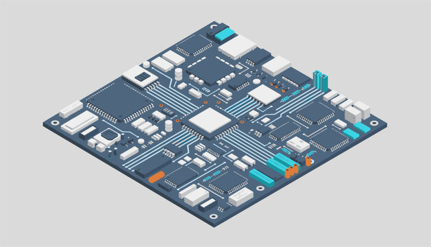 High-tech computer motherboard detailed with various microchips, circuits, and processors in a clean isometric illustration.