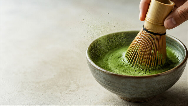 Hand whisking matcha tea in ceramic bowl with bamboo chasen