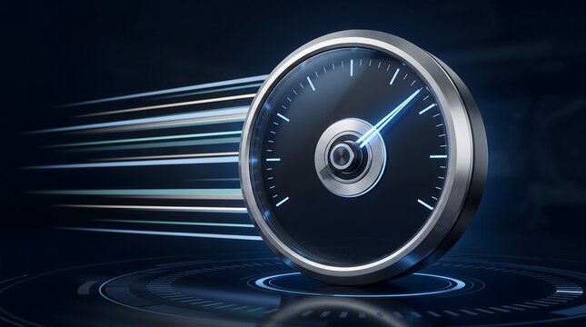 Metallic futuristic speedometer dial with glowing blue motion blur. Concept of high speed internet performance, business growth acceleration, and quick data processing.