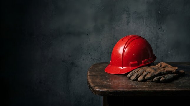Hard hat and protective gloves rest on a rustic wooden table in a dimly lit industrial work environment background.