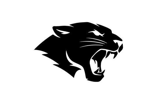 Black panther head silhouette with an open mouth roaring isolated on a white background for graphic design