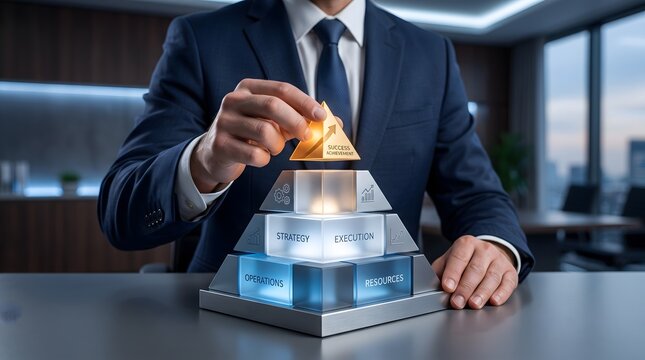 Businessman hand placing golden capstone onto glowing glass pyramid structure. Concept of strategic business execution and management success.