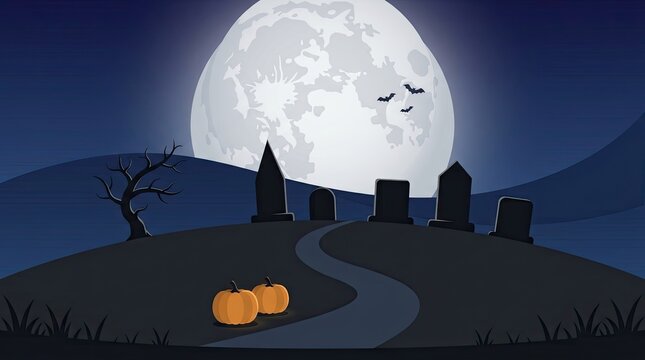 Halloween scene with pumpkins, moon, bats, and graveyard under night sky