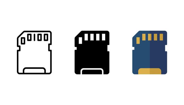 Set of sd card icons in outline, solid, and flat styles, representing digital storage and data memory devices