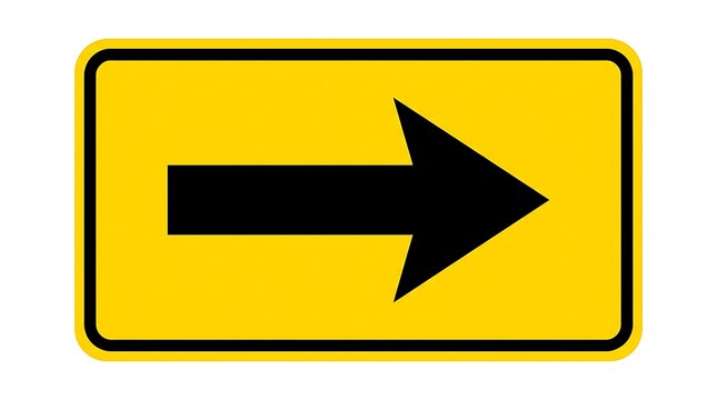 Black arrow pointing right on a rectangular yellow traffic road sign for navigation and highway travel direction