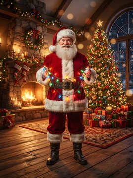 Santa Claus holding christmas lights in a cozy living room with a decorated tree