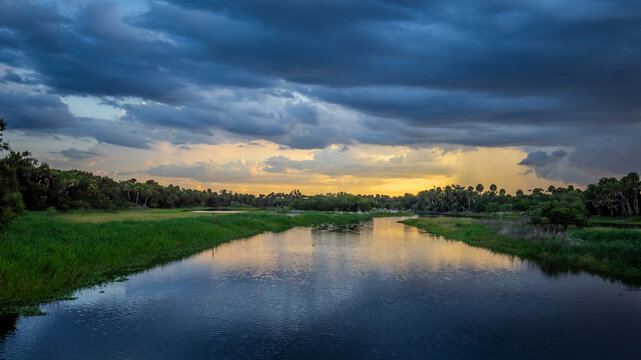 Sunset sky over the Myakka River in Myakka River State Park in Sarasota on the Gulf coast of Florida USA