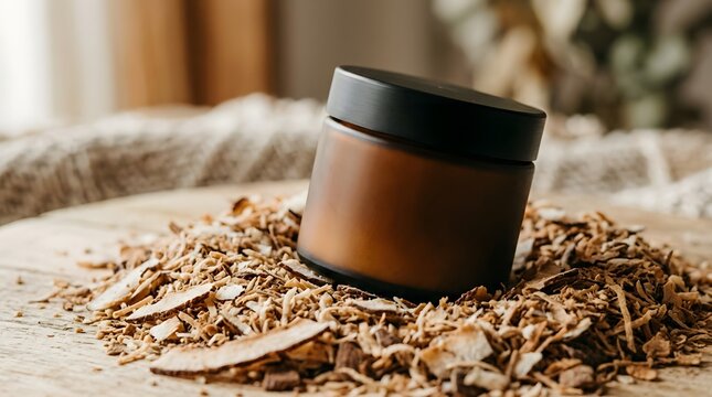 Amber Glass Cosmetic Jar with Natural Ingredients on Wood