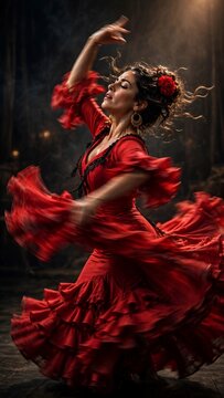Flamenco Dancer Mid-Twirl with Arms Raised in Vertical Portrait