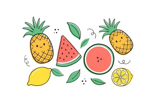 Cute hand drawn fruit set with smiling pineapples watermelon slices and lemons in a doodle style