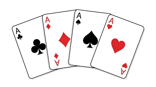 Four aces playing cards showing clubs diamonds spades and hearts in a row for a winning poker game hand concept