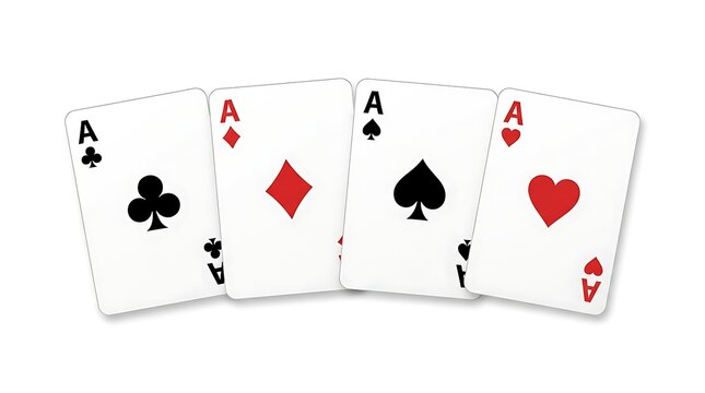 Four playing cards showing all four aces of hearts diamonds clubs and spades in a row for a casino gambling game