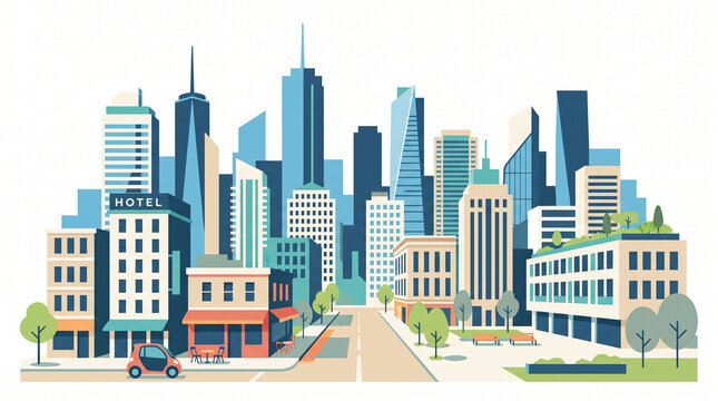 Modern City Skyline and Urban Street View Flat Vector Illustration