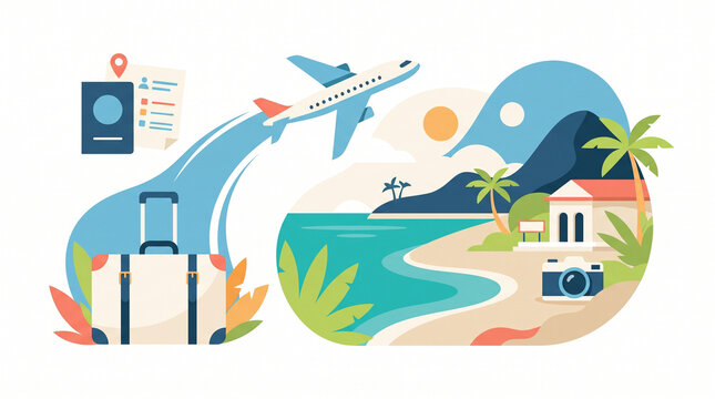 Global Travel Concept with Airplane Luggage Passport and Tropical Beach Resort Flat Vector Illustration