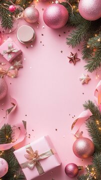 Festive pink Christmas flatlay with glittery ornaments, fir branches, and wrapped gifts creating a magical border around empty center space for text or design.
