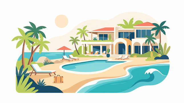 Luxury Tropical Beach Resort Villa with Swimming Pool Flat Vector Illustration