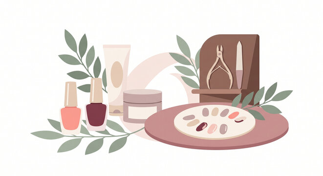 Botanical Manicure Set with Nail Polish and Tools Flat Vector Illustration