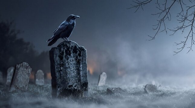 Halloween 2026 eerie graveyard scene with a solitary raven perched on a tombstone