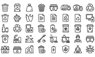 Fototapeta premium Set of black and white line icons representing waste management recycling and environmental sustainability vector illustration