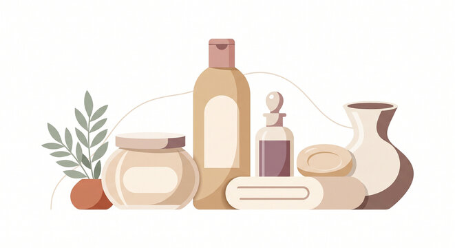 Natural Skincare and Organic Body Care Cosmetics Set Flat Vector Illustration