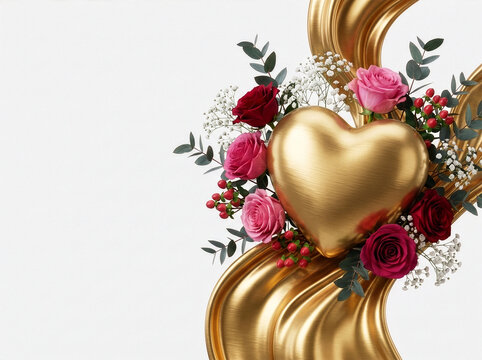 Valentine 160 Brushed Golden Heart with Red and Pink Roses, Eucalyptus and Swirling Gold Fabric on White Background（白背景に配置されたヘアライン加工の黄金ハート、赤とピンクのバラ、ユーカリと流れるゴールド生地）