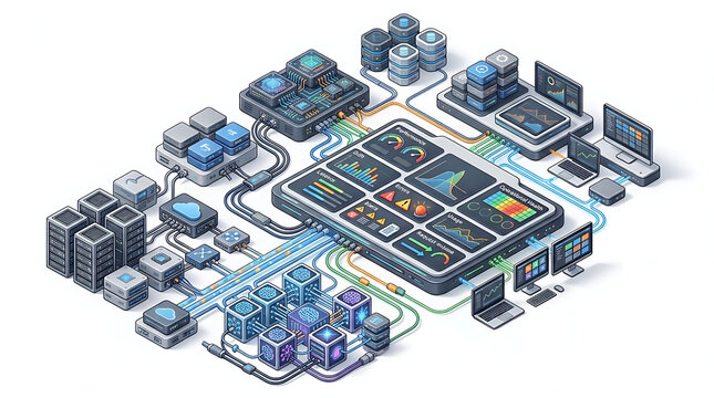 AI model observability architecture connecting language models with monitoring pipelines for performance, drift, errors, usage and operational health across enterprise systems on white background