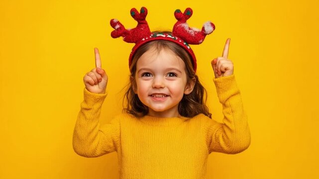 A joyful girl wearing reindeer antlers and a yellow sweater celebrates with excitement against a vibrant yellow background conveying a festive atmosphere and pure happiness.