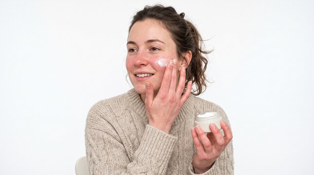 Woman Applying Moisturizer: A young woman with a gentle smile applies a dollop of cream from a jar onto her cheek, her fingers tenderly massaging the skincare product into her radiant skin.