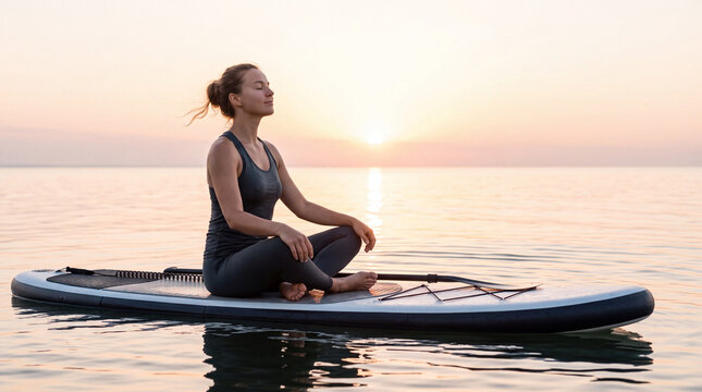 Woman resting on paddleboard at sunrise