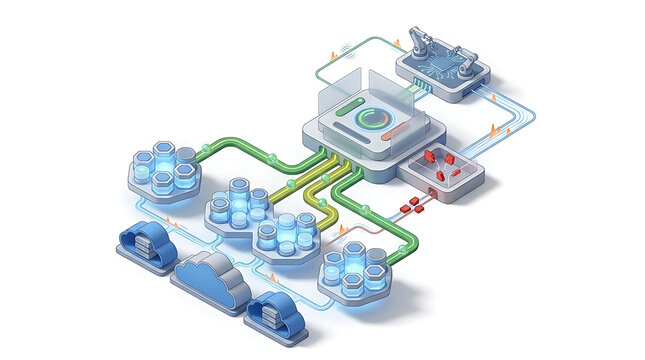 AI model health monitoring architecture tracking deployed language models, inference failures, latency, reliability and operational status through enterprise observability on white background