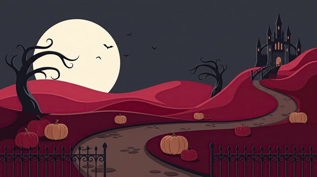Mysterious full moon rising over a red landscape with dark silhouette castle