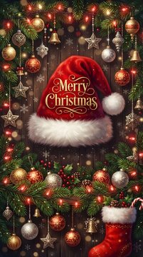 Festive christmas composition with santa hat ornaments and lights on wooden background