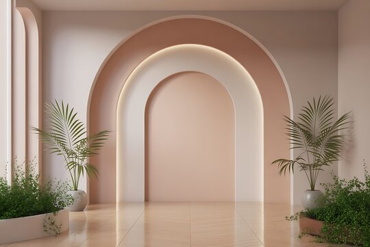 Minimalist interior room with arched wall alcoves and potted green plants on a polished tiled floor