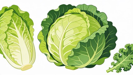 Fototapeta premium Vibrant illustration of fresh cabbage leaves and green stems isolated on white background