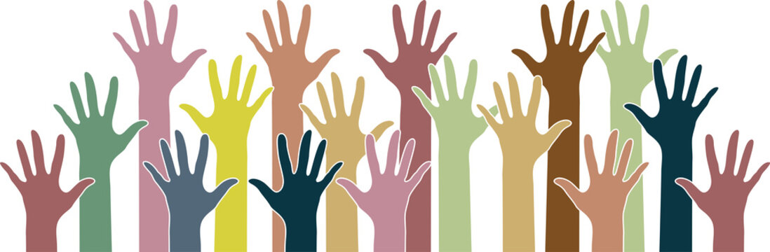 Colorful Raised Hands PNG, Multicolored Hands with Extended Fingers in Various Upward Positions and a Horizontal Row, Isolated on Transparent Background