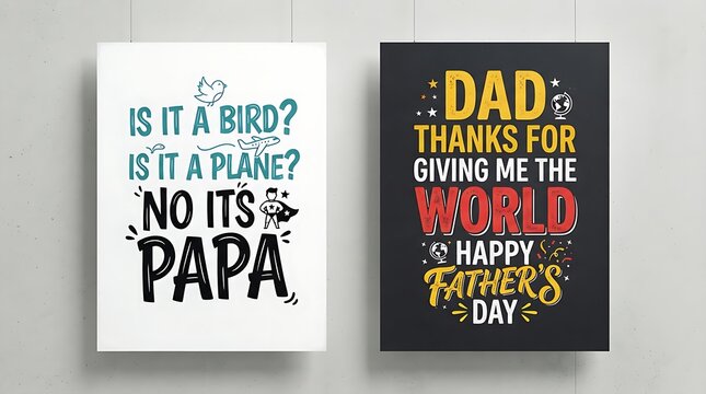 Two creative typographic posters for father day with funny quotes about dad being a hero and giving the world
